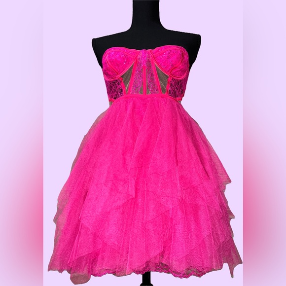 FOR LOVE AND LEMONS Hot Pink Rosario Ruffle Mini Dress - Picture 1 of 7